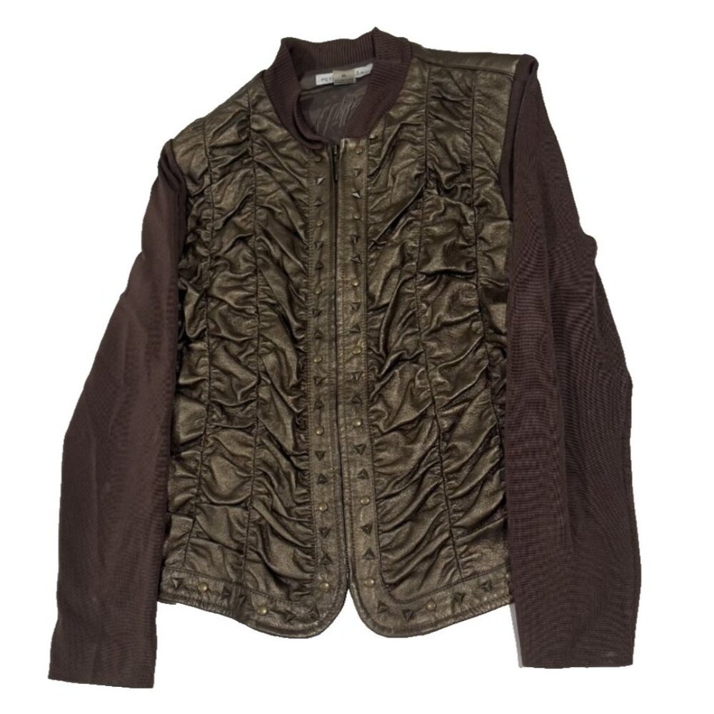 Peter Nygard Women's Medium Leather Knit Jacket Metallic Copper Rouched Studded